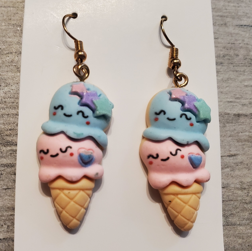 CUTE ICE CREAM EARRINGS Blue Bar Desert Dangle Drop Stainless Steel Ear Wire